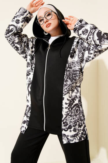 Kapüşonlu Desenli Scuba İkili Takım Siyah - İkili Takım