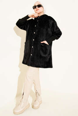 Kapüşonlu Düğmeli Angora Mont Siyah - Mont