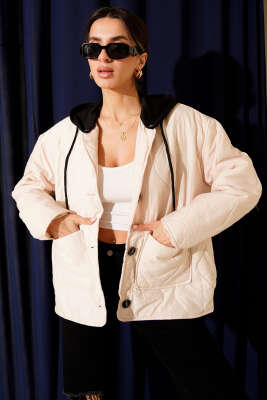 Kapüşonlu Düğmeli Kapitone Ceket Bej - Kadın Giyim Modelleri