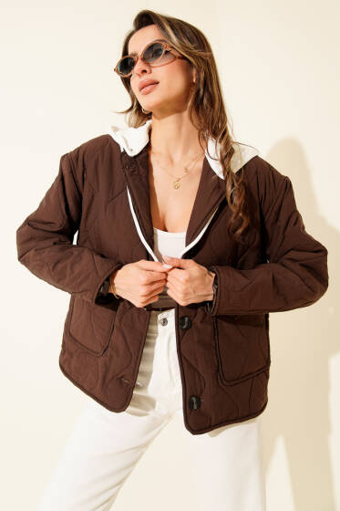 Kapüşonlu Düğmeli Kapitone Ceket Kahve - Kadın Giyim Modelleri