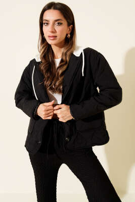 Kapüşonlu Düğmeli Kapitone Ceket Siyah - Kadın Giyim Modelleri