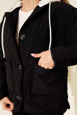 Kapüşonlu Düğmeli Kapitone Ceket Siyah - Kadın Giyim Modelleri