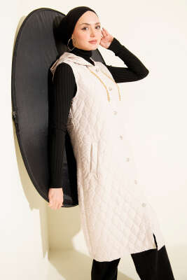 Kapüşonlu Düğmeli Kapitone Yelek Bej - MUSTİ