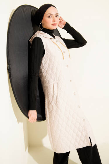 Kapüşonlu Düğmeli Kapitone Yelek Bej - Yelek