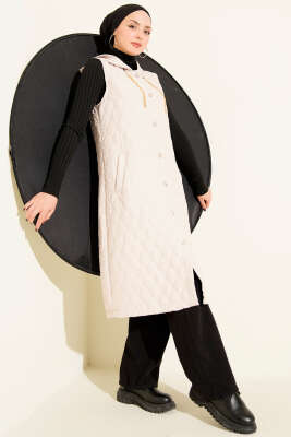 Kapüşonlu Düğmeli Kapitone Yelek Bej - Yelek