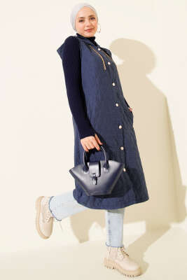 Kapüşonlu Düğmeli Kapitone Yelek İndigo - MUSTİ