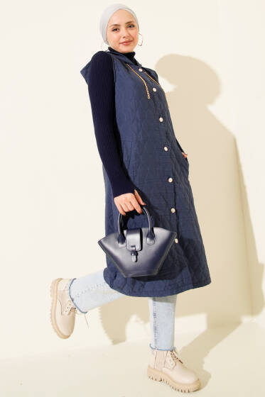 Kapüşonlu Düğmeli Kapitone Yelek İndigo - Yelek
