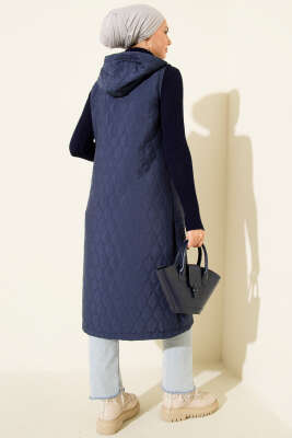 Kapüşonlu Düğmeli Kapitone Yelek İndigo - Yelek