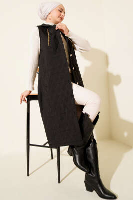 Kapüşonlu Düğmeli Kapitone Yelek Siyah - MUSTİ