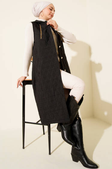 Kapüşonlu Düğmeli Kapitone Yelek Siyah - Yelek