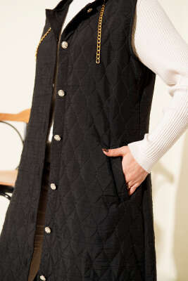 Kapüşonlu Düğmeli Kapitone Yelek Siyah - Yelek