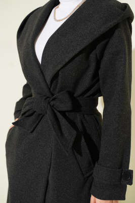 Kapüşonlu Düğmeli Kaşe Kaban Antrasit - Kaban