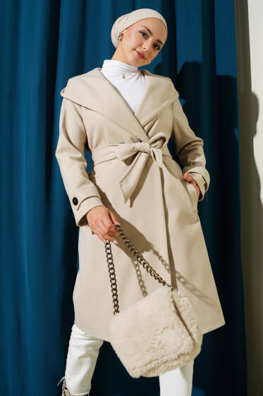 Kapüşonlu Düğmeli Kaşe Kaban Bej - Kaban