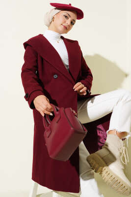 Kapüşonlu Düğmeli Kaşe Kaban Bordo - FİXAY