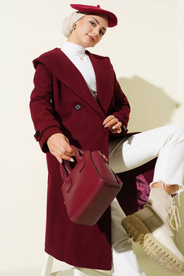 Kapüşonlu Düğmeli Kaşe Kaban Bordo - Kaban