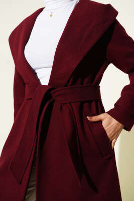 Kapüşonlu Düğmeli Kaşe Kaban Bordo - Kaban