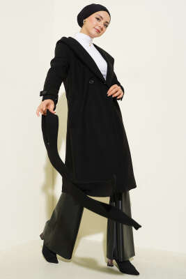 Kapüşonlu Düğmeli Kaşe Kaban Siyah - FİXAY