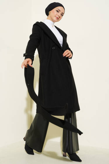 Kapüşonlu Düğmeli Kaşe Kaban Siyah - Kaban