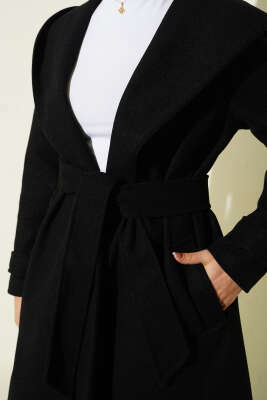 Kapüşonlu Düğmeli Kaşe Kaban Siyah - Kaban