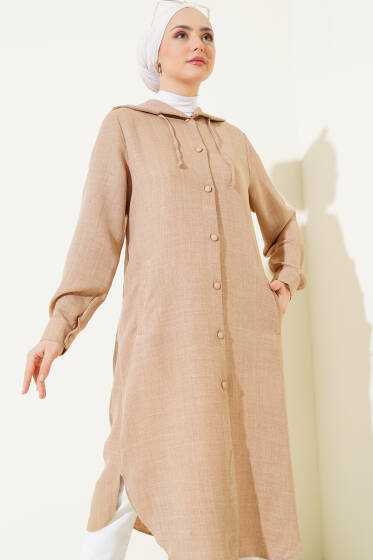 Kapüşonlu Düğmeli Uzun Kap Bej - Dış Giyim&Mont
