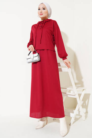 Kapüşonlu Elbise İkili Takım Bordo - İkili Takım