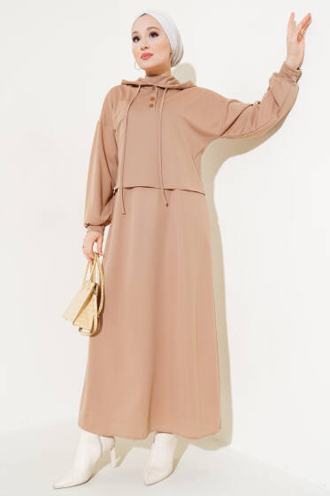 Kapüşonlu Elbise İkili Takım Latte - Kombin