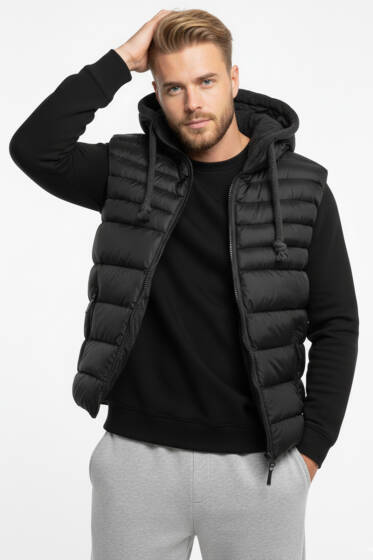 Kapüşonlu Erkek Şişme Yelek Siyah - Erkek Yelek