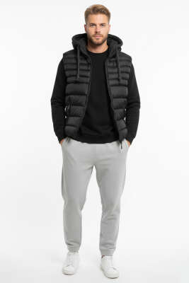 Kapüşonlu Erkek Şişme Yelek Siyah - Erkek Yelek