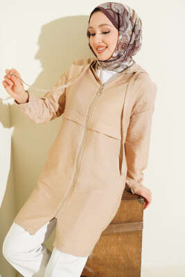 Kapüşonlu Fermuar Detaylı Araboy Kap Bej - FİXAY