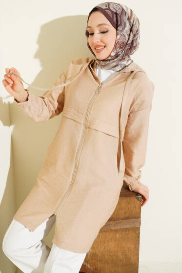 Kapüşonlu Fermuar Detaylı Araboy Kap Bej - Dış Giyim&Mont