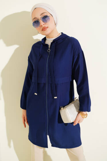 Kapüşonlu Fermuar Detaylı Araboy Kap Lacivert - Dış Giyim&Mont