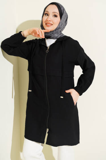 Kapüşonlu Fermuar Detaylı Araboy Kap Siyah - Dış Giyim&Mont