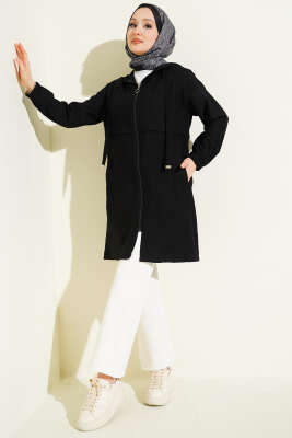Kapüşonlu Fermuar Detaylı Araboy Kap Siyah - Dış Giyim&Mont