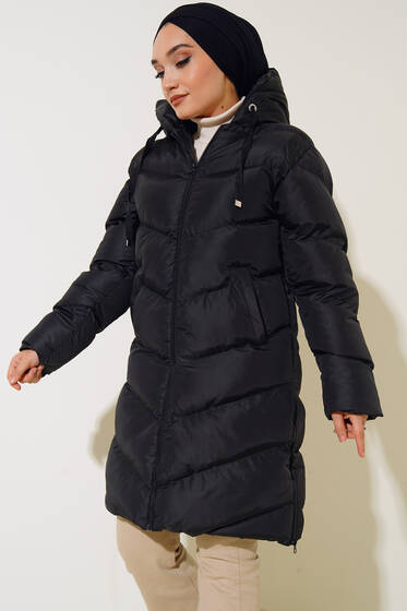 Kapüşonlu Fermuar Detaylı Şişme Mont Siyah - Mont
