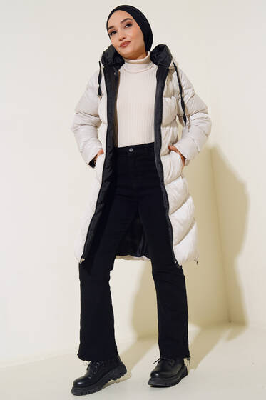 Kapüşonlu Fermuar Detaylı Şişme Mont Taş - Mont