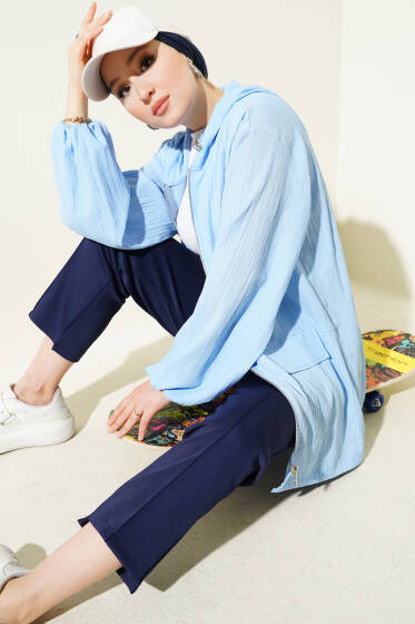 Kapüşonlu Fermuarlı Ağaç Kabuğu Kap Mavi - Dış Giyim&Mont