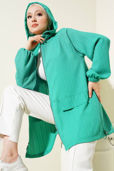 Kapüşonlu Fermuarlı Ağaç Kabuğu Kap Yeşil - Dış Giyim&Mont