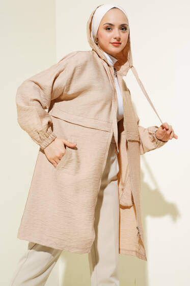 Kapüşonlu Fermuarlı Araboy Kap Latte - Dış Giyim&Mont