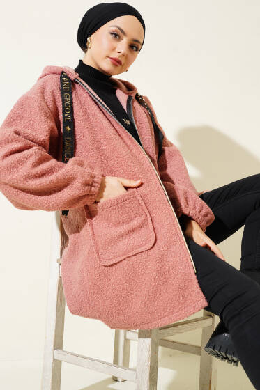 Kapüşonlu Fermuarlı Buklet Kaban Gül Kurusu - Kaban