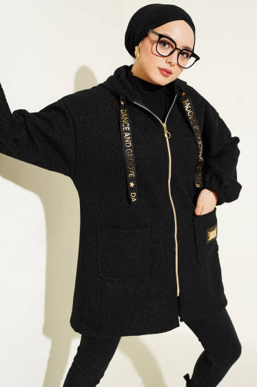 Kapüşonlu Fermuarlı Buklet Kaban Siyah - Kaban