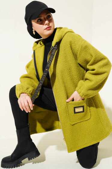 Kapüşonlu Fermuarlı Buklet Kaban Yağ Yeşili - Kaban