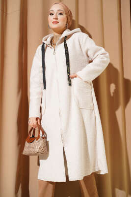 Kapüşonlu Fermuarlı Buklet Kap Bej - MUSTİ