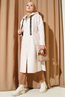 Kapüşonlu Fermuarlı Buklet Kap Bej - Dış Giyim&Mont