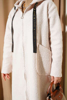 Kapüşonlu Fermuarlı Buklet Kap Bej - Dış Giyim&Mont