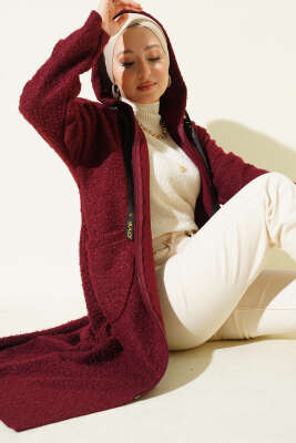 Kapüşonlu Fermuarlı Buklet Kap Bordo - MUSTİ