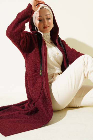 Kapüşonlu Fermuarlı Buklet Kap Bordo - Dış Giyim&Mont