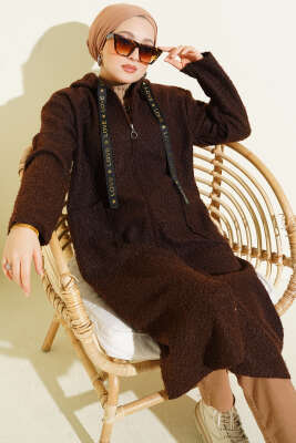 Kapüşonlu Fermuarlı Buklet Kap Kahve - MUSTİ