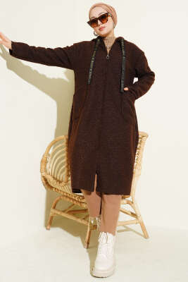 Kapüşonlu Fermuarlı Buklet Kap Kahve - Dış Giyim&Mont