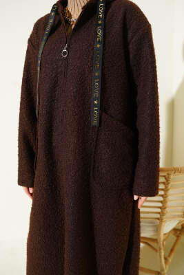 Kapüşonlu Fermuarlı Buklet Kap Kahve - Dış Giyim&Mont