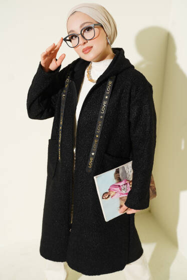 Kapüşonlu Fermuarlı Buklet Kap Siyah - Dış Giyim&Mont